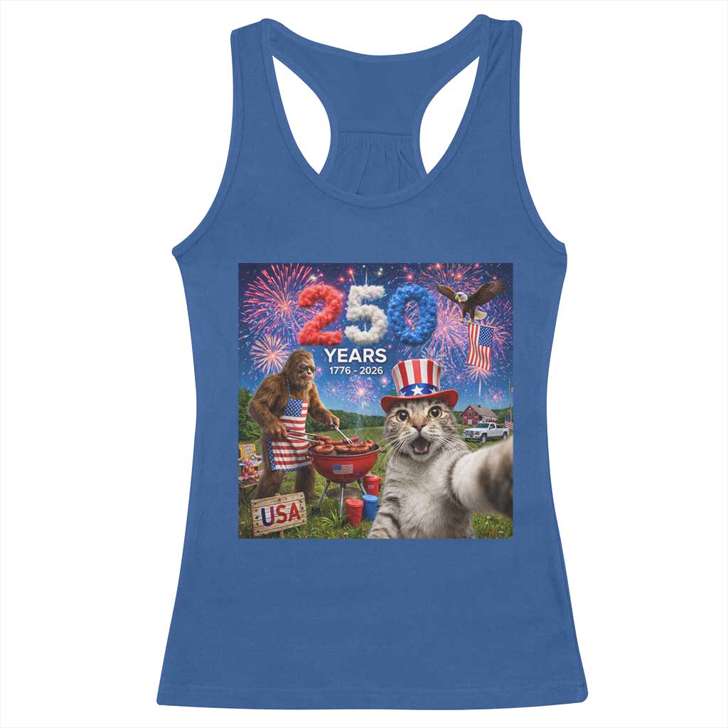 Cat Selfie with Bigfoot USA 250 Years Racerback Tank Top Funny 4th Of July Cat Graphic