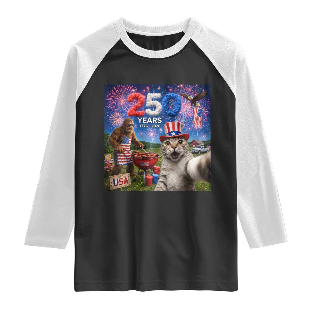 Cat Selfie with Bigfoot USA 250 Years Raglan Shirt Funny 4th Of July Cat Graphic