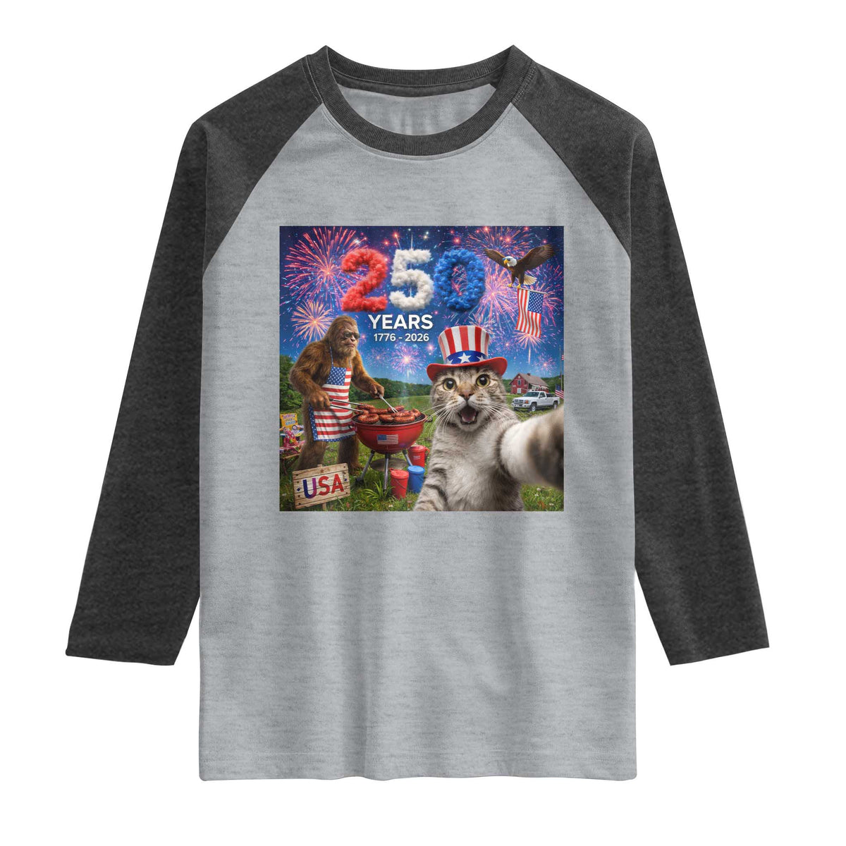 Cat Selfie with Bigfoot USA 250 Years Raglan Shirt Funny 4th Of July Cat Graphic