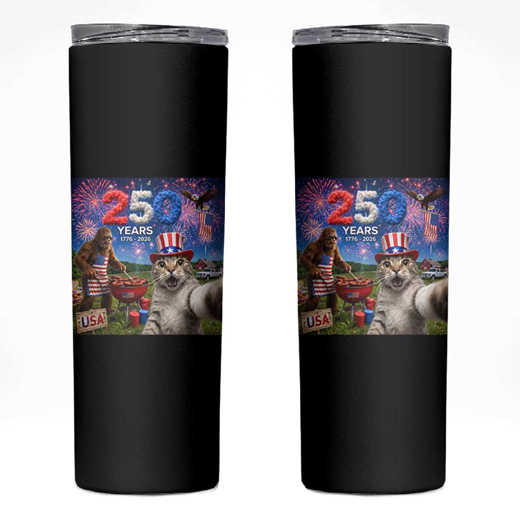 Cat Selfie with Bigfoot USA 250 Years Skinny Tumbler Funny 4th Of July Cat Graphic