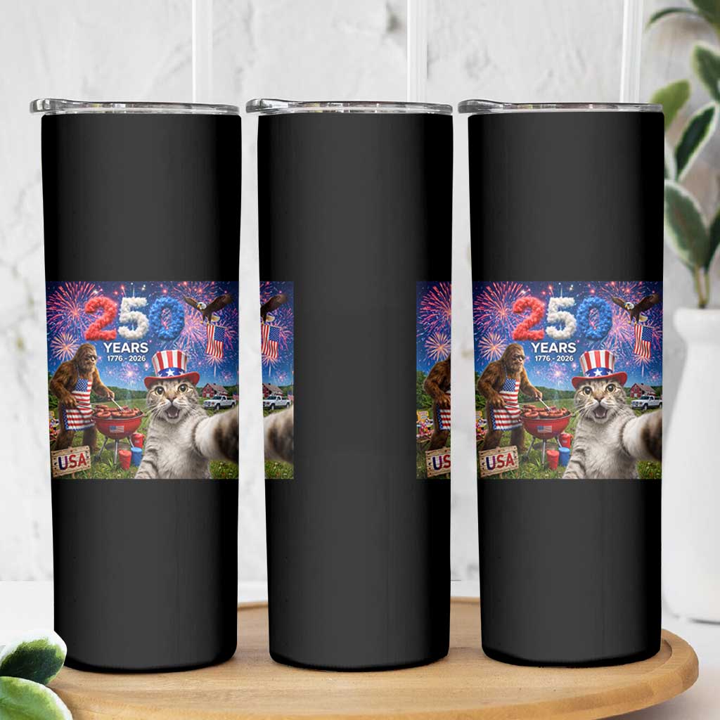 Cat Selfie with Bigfoot USA 250 Years Skinny Tumbler Funny 4th Of July Cat Graphic