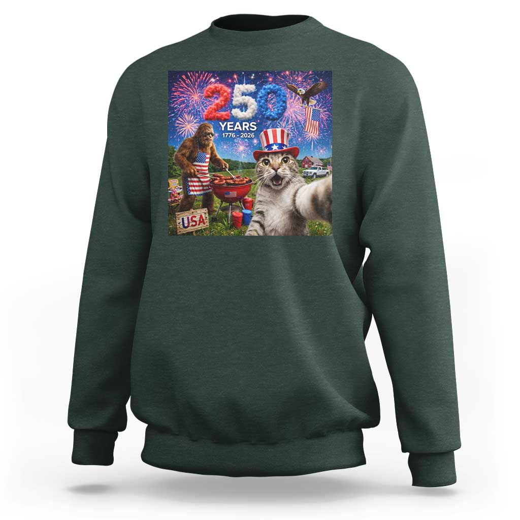 Cat Selfie with Bigfoot USA 250 Years Sweatshirt Funny 4th Of July Cat Graphic