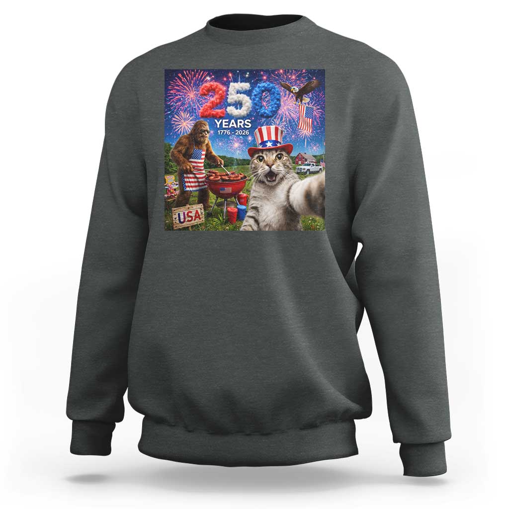 Cat Selfie with Bigfoot USA 250 Years Sweatshirt Funny 4th Of July Cat Graphic