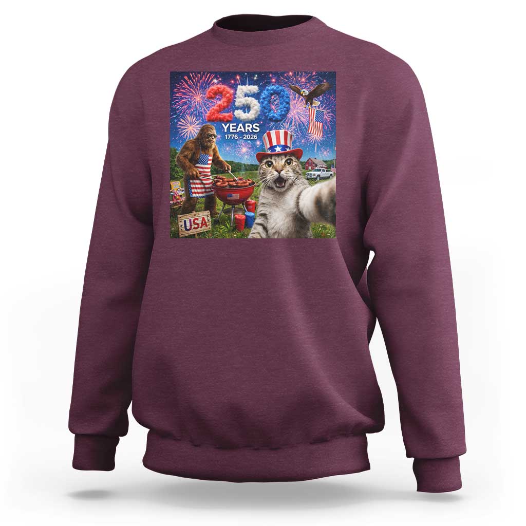Cat Selfie with Bigfoot USA 250 Years Sweatshirt Funny 4th Of July Cat Graphic
