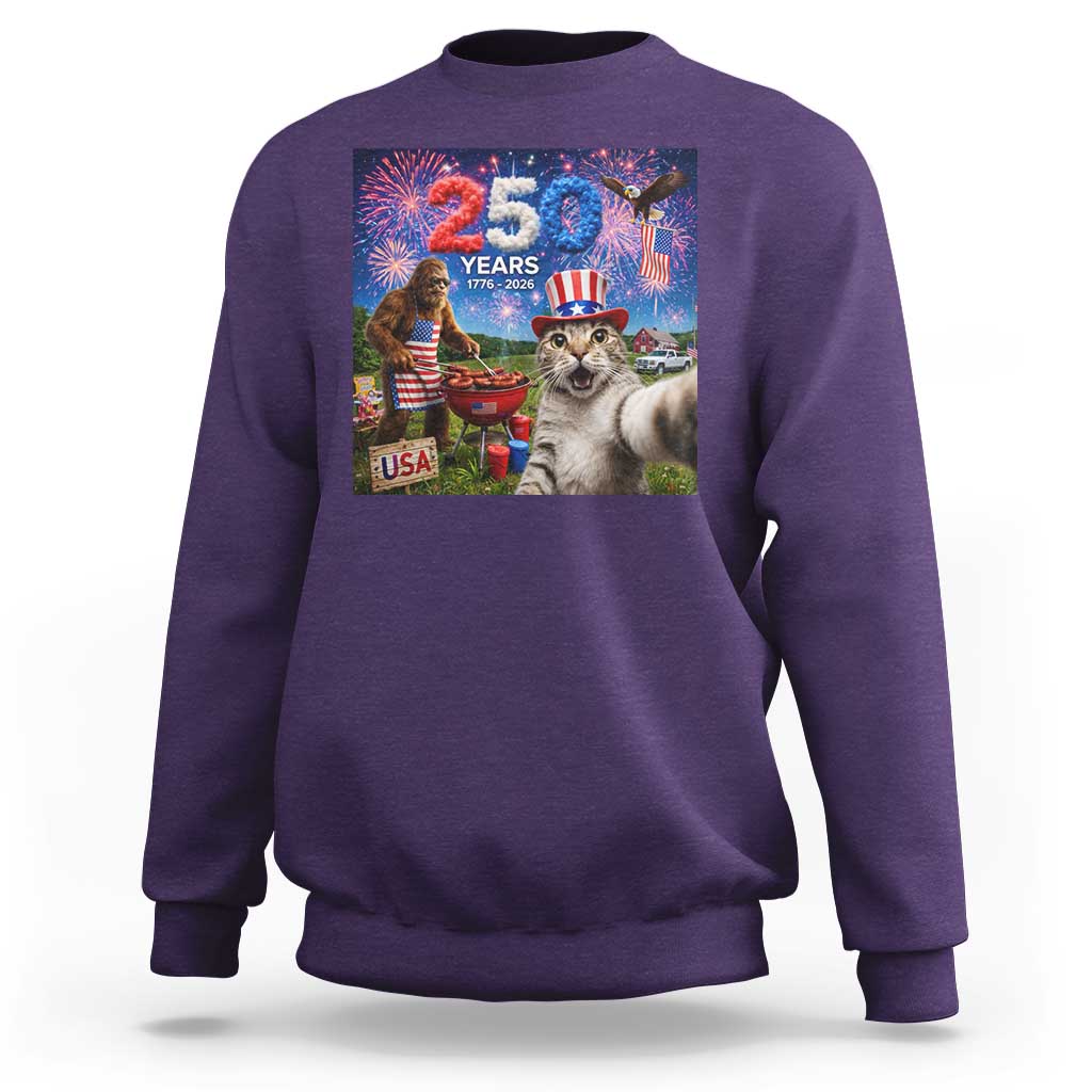 Cat Selfie with Bigfoot USA 250 Years Sweatshirt Funny 4th Of July Cat Graphic