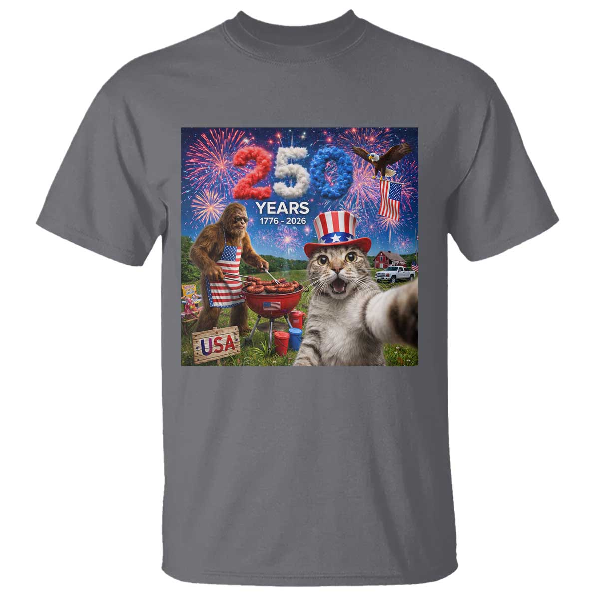 Cat Selfie with Bigfoot USA 250 Years T Shirt Funny 4th Of July Cat Graphic