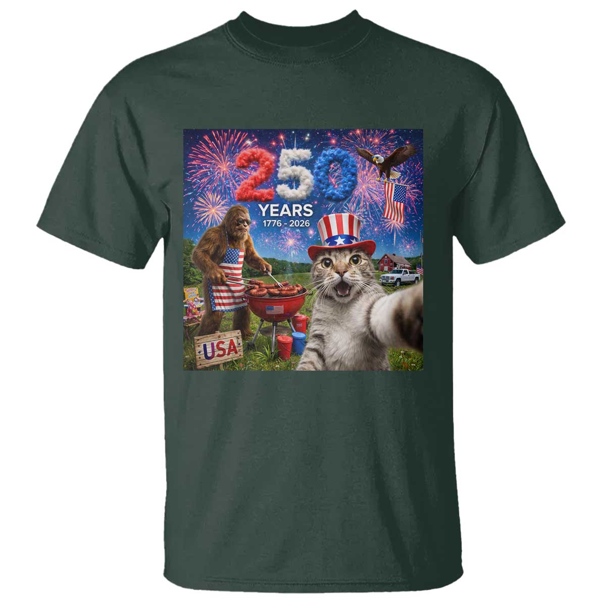 Cat Selfie with Bigfoot USA 250 Years T Shirt Funny 4th Of July Cat Graphic