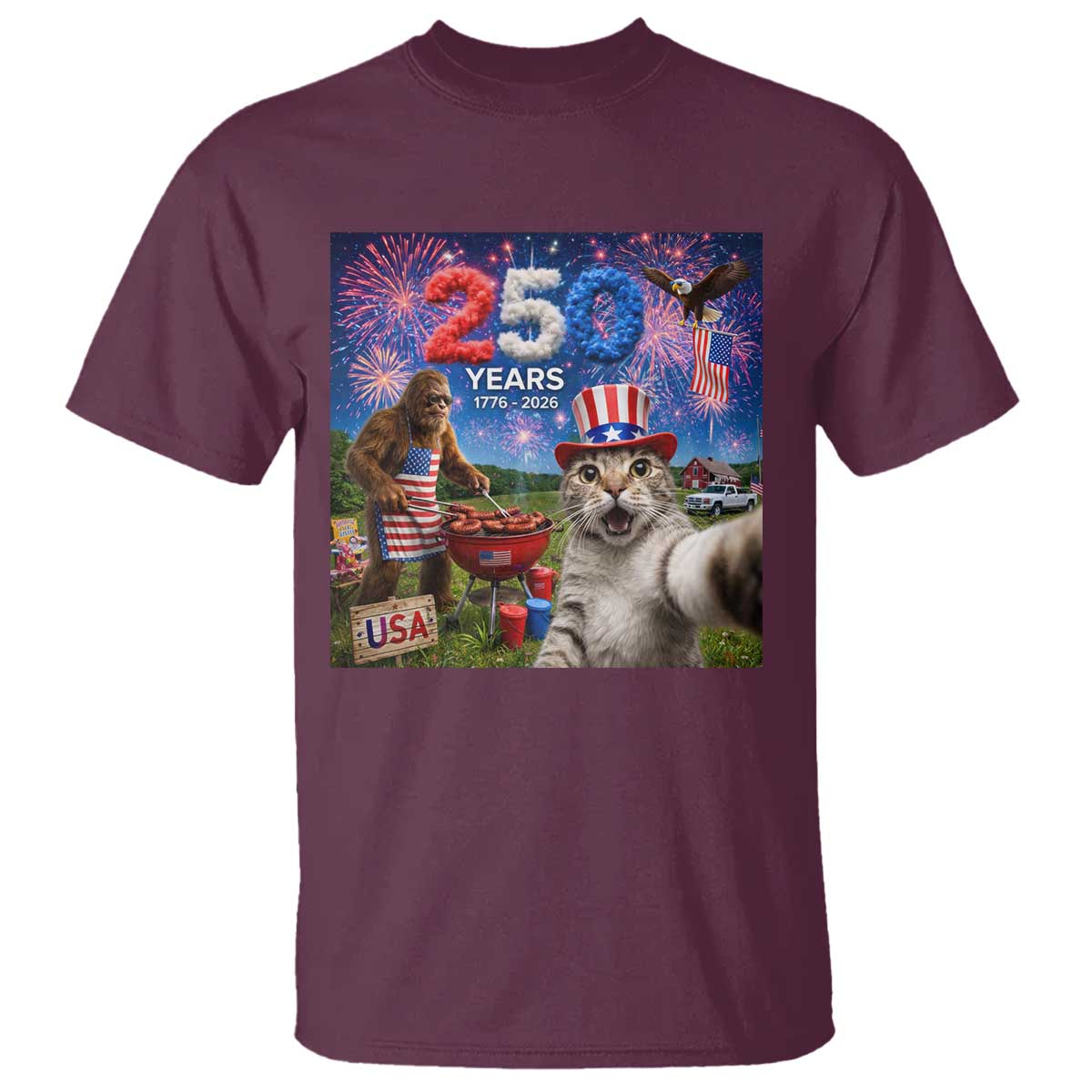 Cat Selfie with Bigfoot USA 250 Years T Shirt Funny 4th Of July Cat Graphic