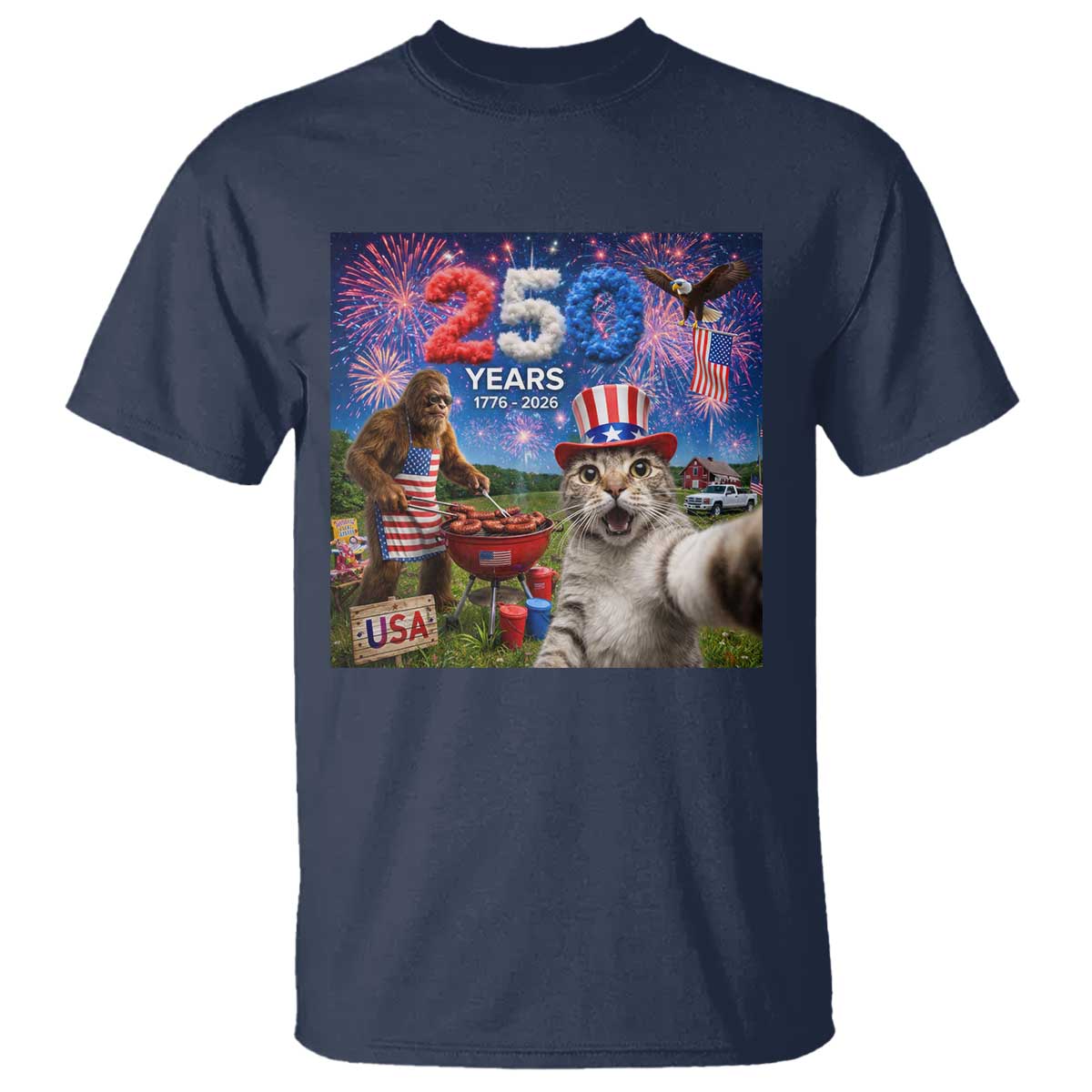 Cat Selfie with Bigfoot USA 250 Years T Shirt Funny 4th Of July Cat Graphic
