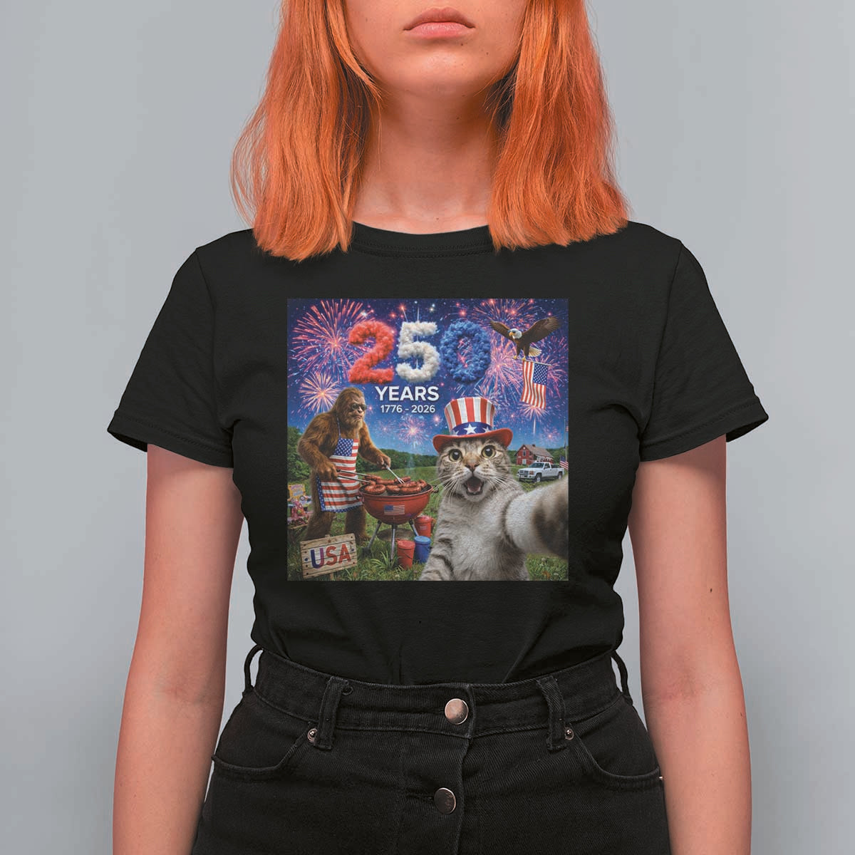 Cat Selfie with Bigfoot USA 250 Years T Shirt For Women Funny 4th Of July Cat Graphic