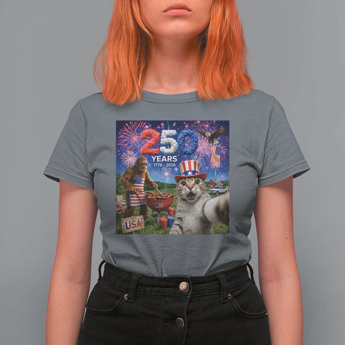 Cat Selfie with Bigfoot USA 250 Years T Shirt For Women Funny 4th Of July Cat Graphic