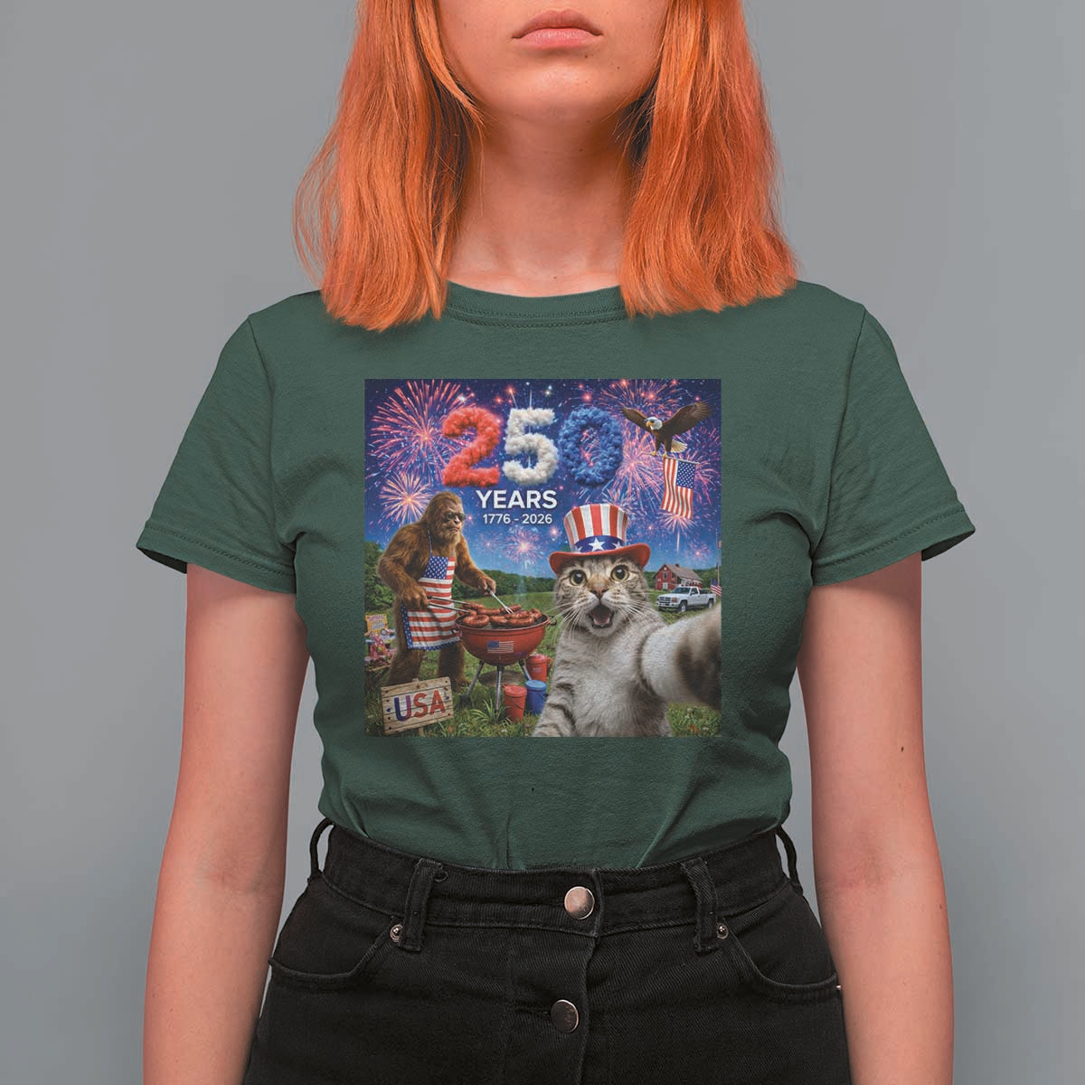 Cat Selfie with Bigfoot USA 250 Years T Shirt For Women Funny 4th Of July Cat Graphic