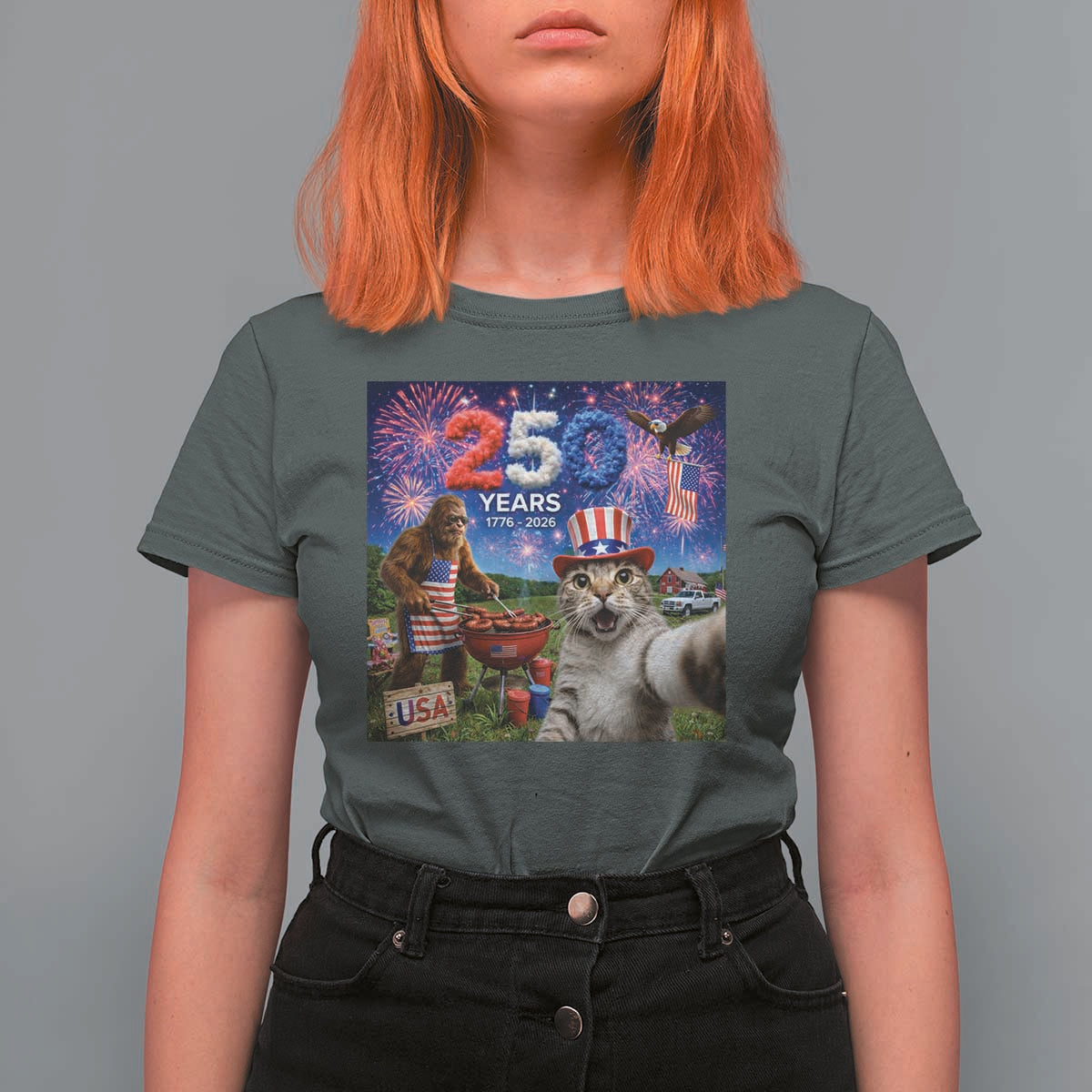 Cat Selfie with Bigfoot USA 250 Years T Shirt For Women Funny 4th Of July Cat Graphic