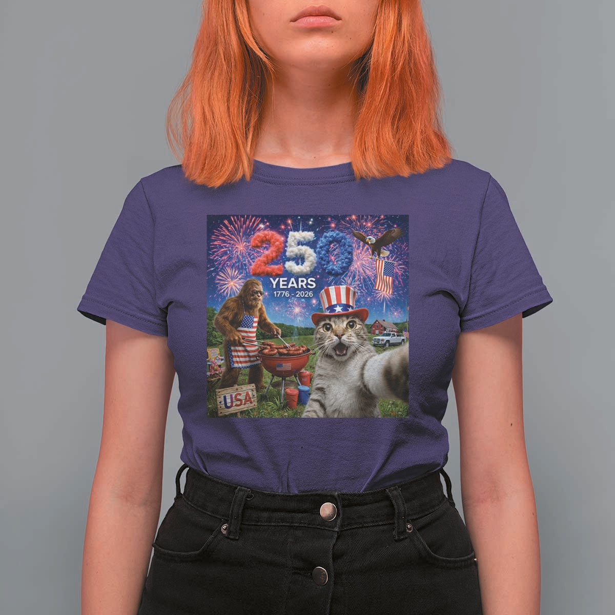 Cat Selfie with Bigfoot USA 250 Years T Shirt For Women Funny 4th Of July Cat Graphic