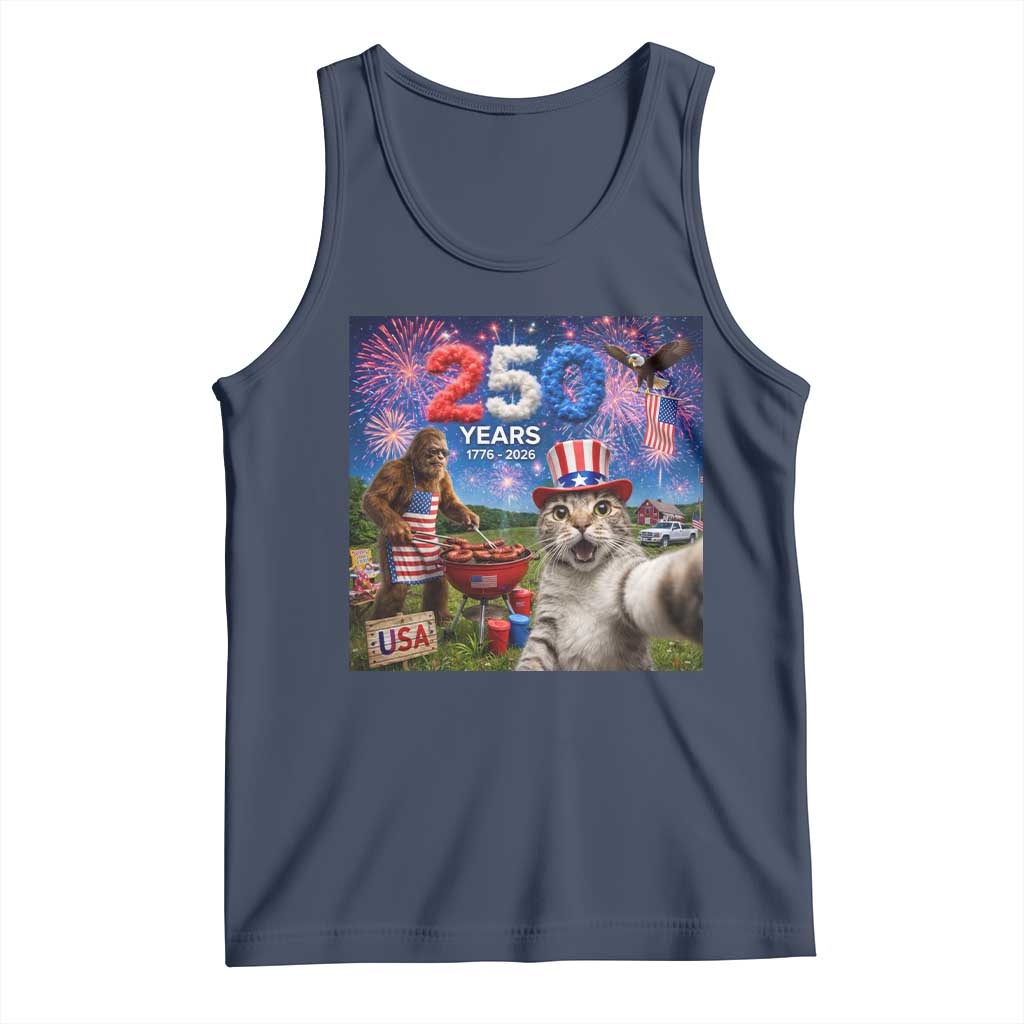 Cat Selfie with Bigfoot USA 250 Years Tank Top Funny 4th Of July Cat Graphic