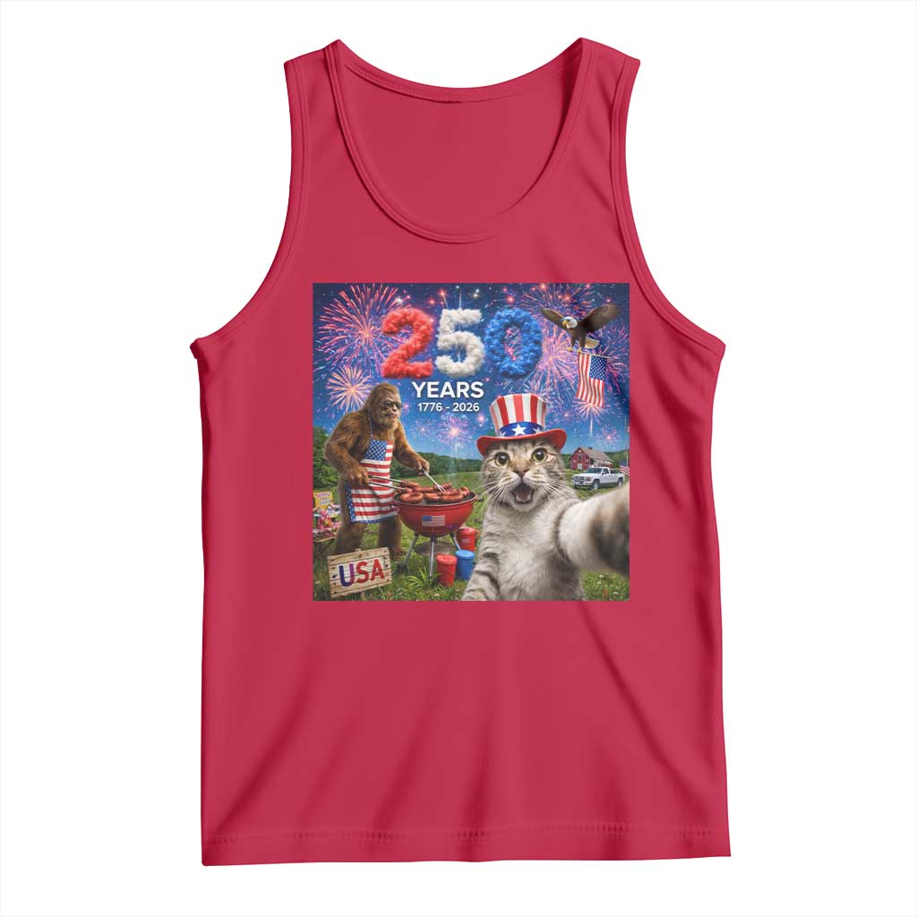 Cat Selfie with Bigfoot USA 250 Years Tank Top Funny 4th Of July Cat Graphic