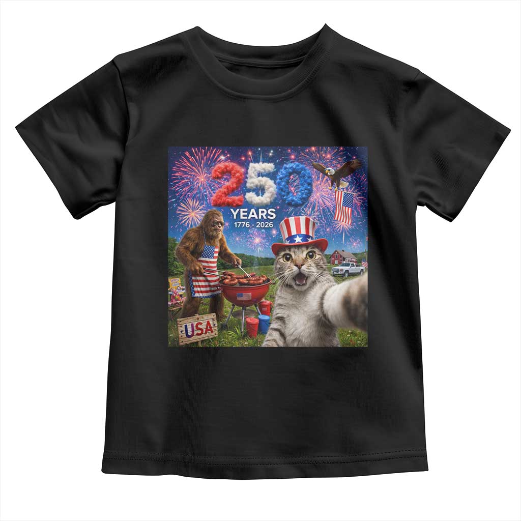 Cat Selfie with Bigfoot USA 250 Years Toddler T Shirt Funny 4th Of July Cat Graphic