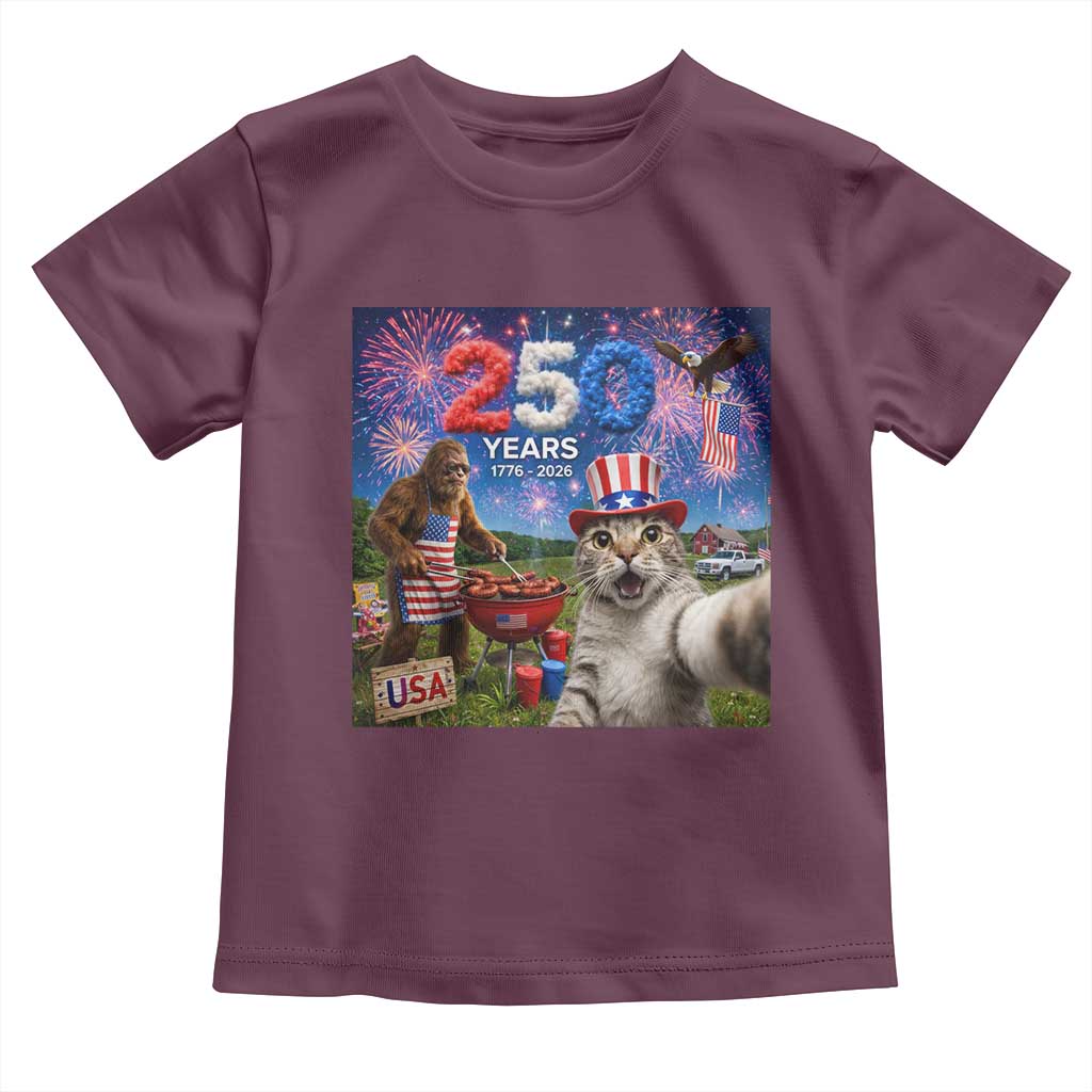Cat Selfie with Bigfoot USA 250 Years Toddler T Shirt Funny 4th Of July Cat Graphic