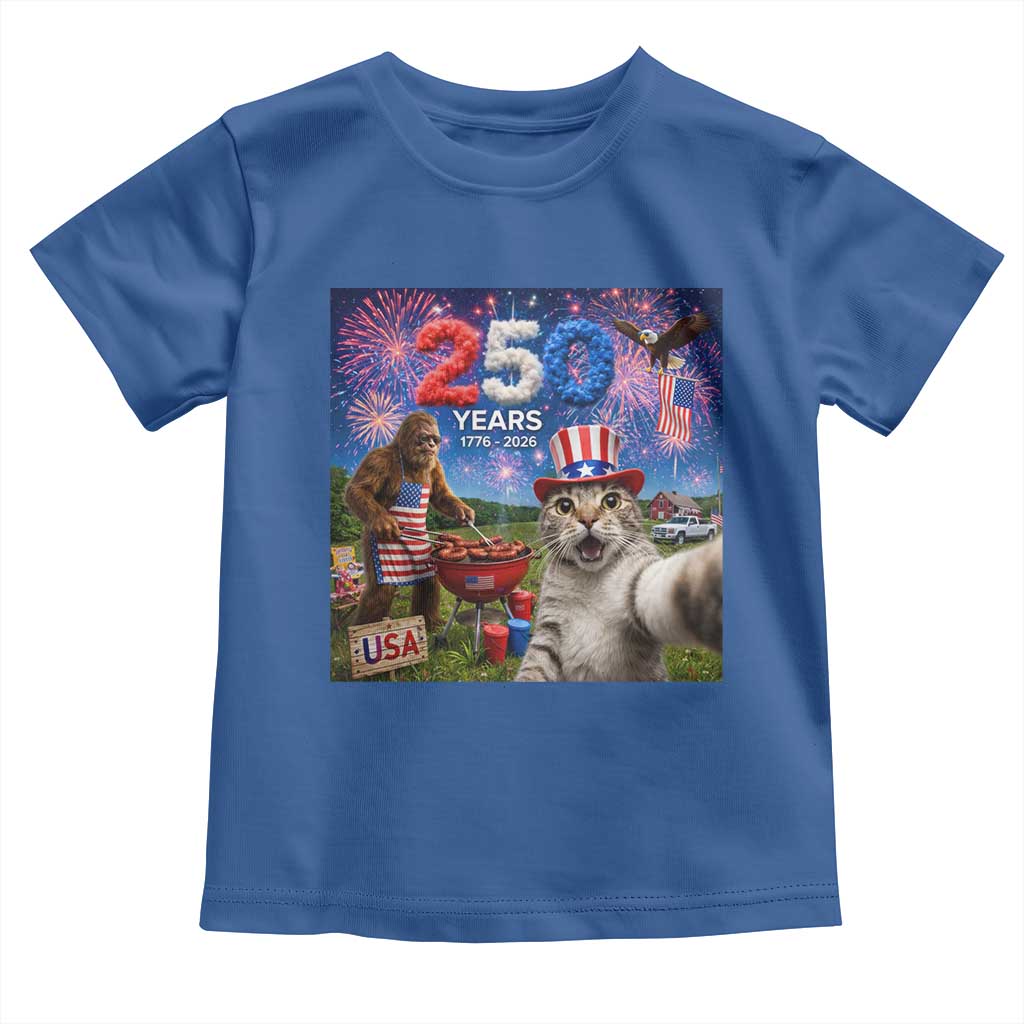 Cat Selfie with Bigfoot USA 250 Years Toddler T Shirt Funny 4th Of July Cat Graphic