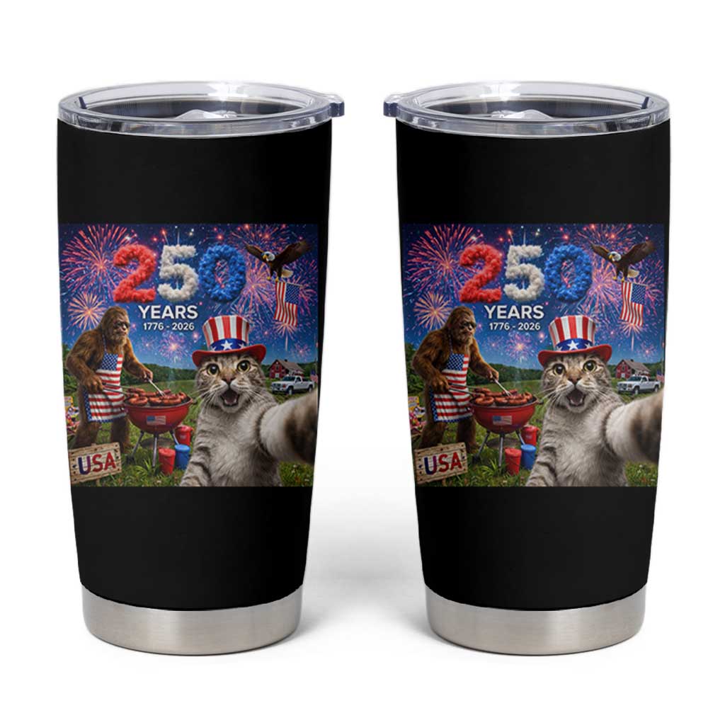 Cat Selfie with Bigfoot USA 250 Years Tumbler Cup Funny 4th Of July Cat Graphic