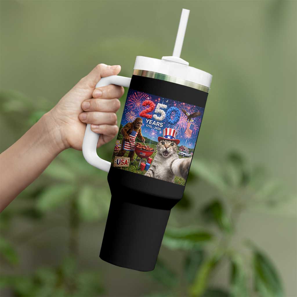 Cat Selfie with Bigfoot USA 250 Years Tumbler With Handle Funny 4th Of July Cat Graphic