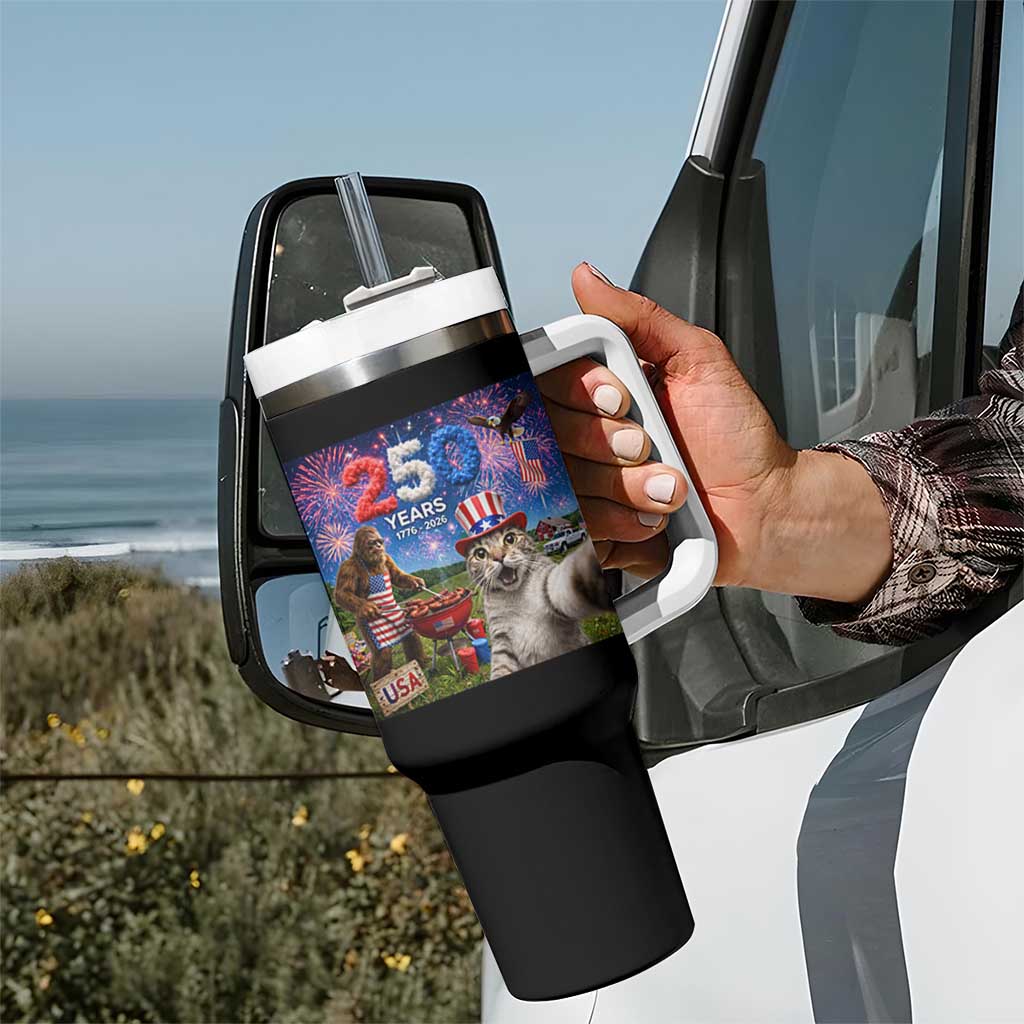Cat Selfie with Bigfoot USA 250 Years Tumbler With Handle Funny 4th Of July Cat Graphic