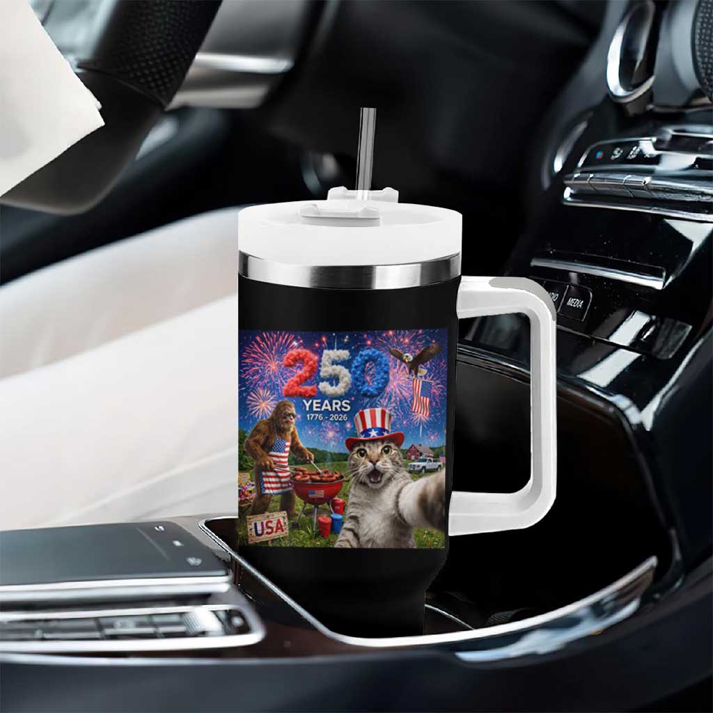 Cat Selfie with Bigfoot USA 250 Years Tumbler With Handle Funny 4th Of July Cat Graphic