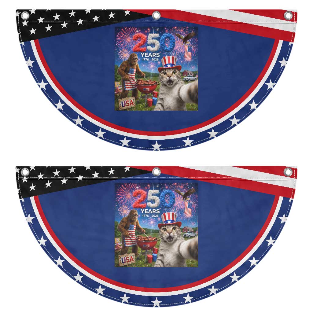 Cat Selfie with Bigfoot USA 250 Years Patriotic Fan Flag Funny 4th Of July Cat Graphic