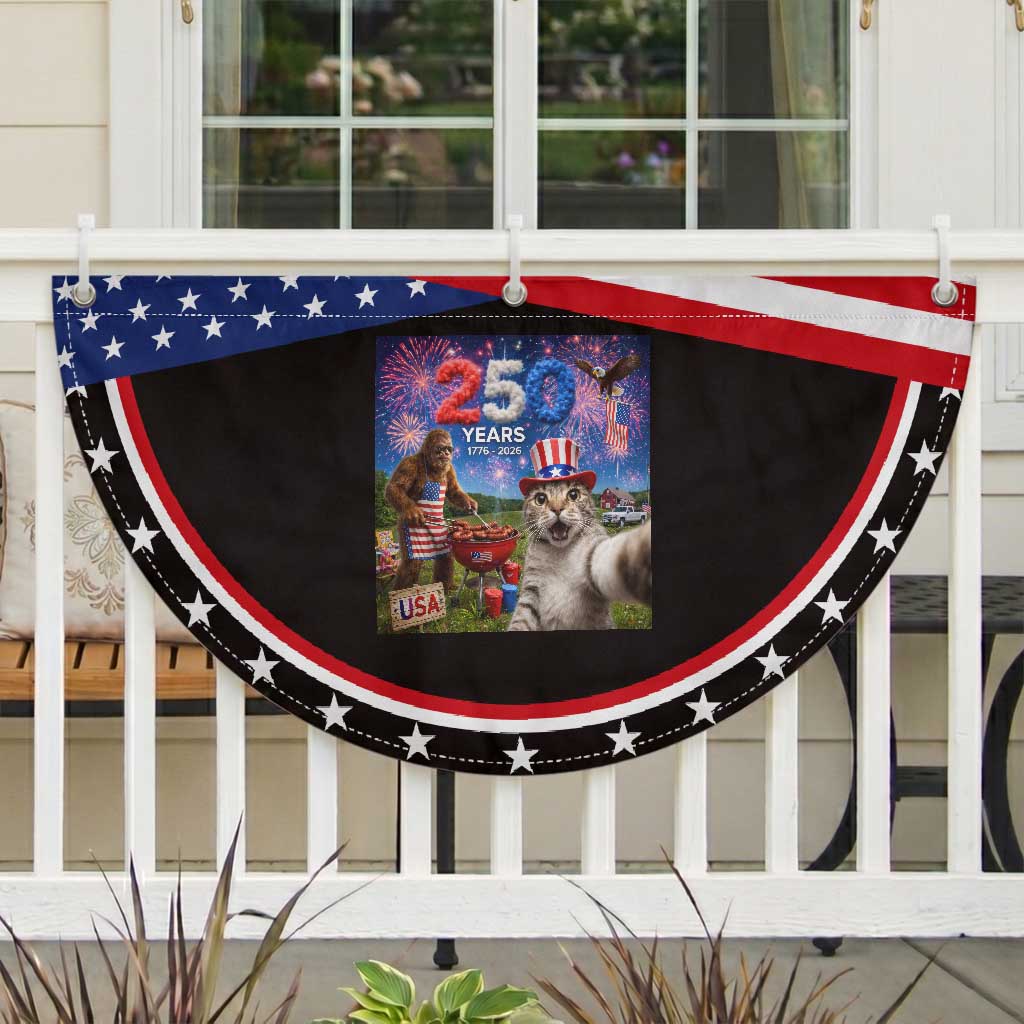Cat Selfie with Bigfoot USA 250 Years Patriotic Fan Flag Funny 4th Of July Cat Graphic
