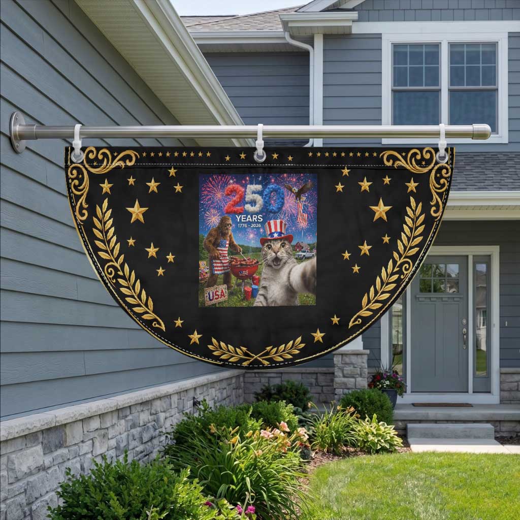 Cat Selfie with Bigfoot USA 250 Years Patriotic Fan Flag Funny 4th Of July Cat Graphic