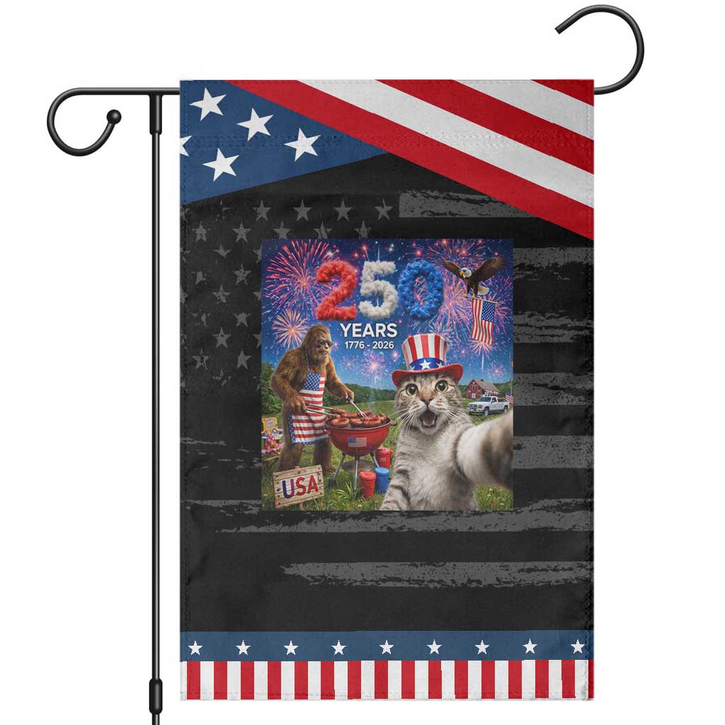 Cat Selfie with Bigfoot USA 250 Years Patriotic Garden Flag Funny 4th Of July Cat Graphic