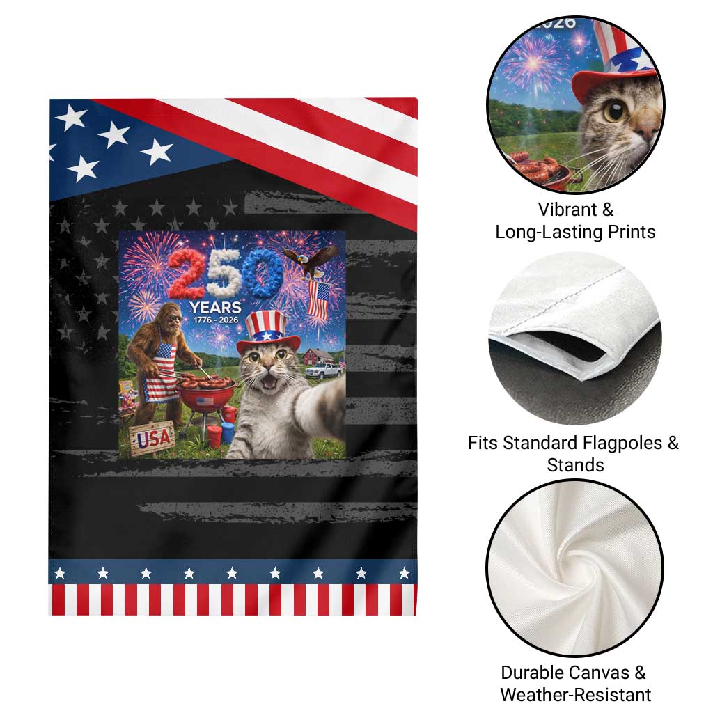 Cat Selfie with Bigfoot USA 250 Years Patriotic Garden Flag Funny 4th Of July Cat Graphic