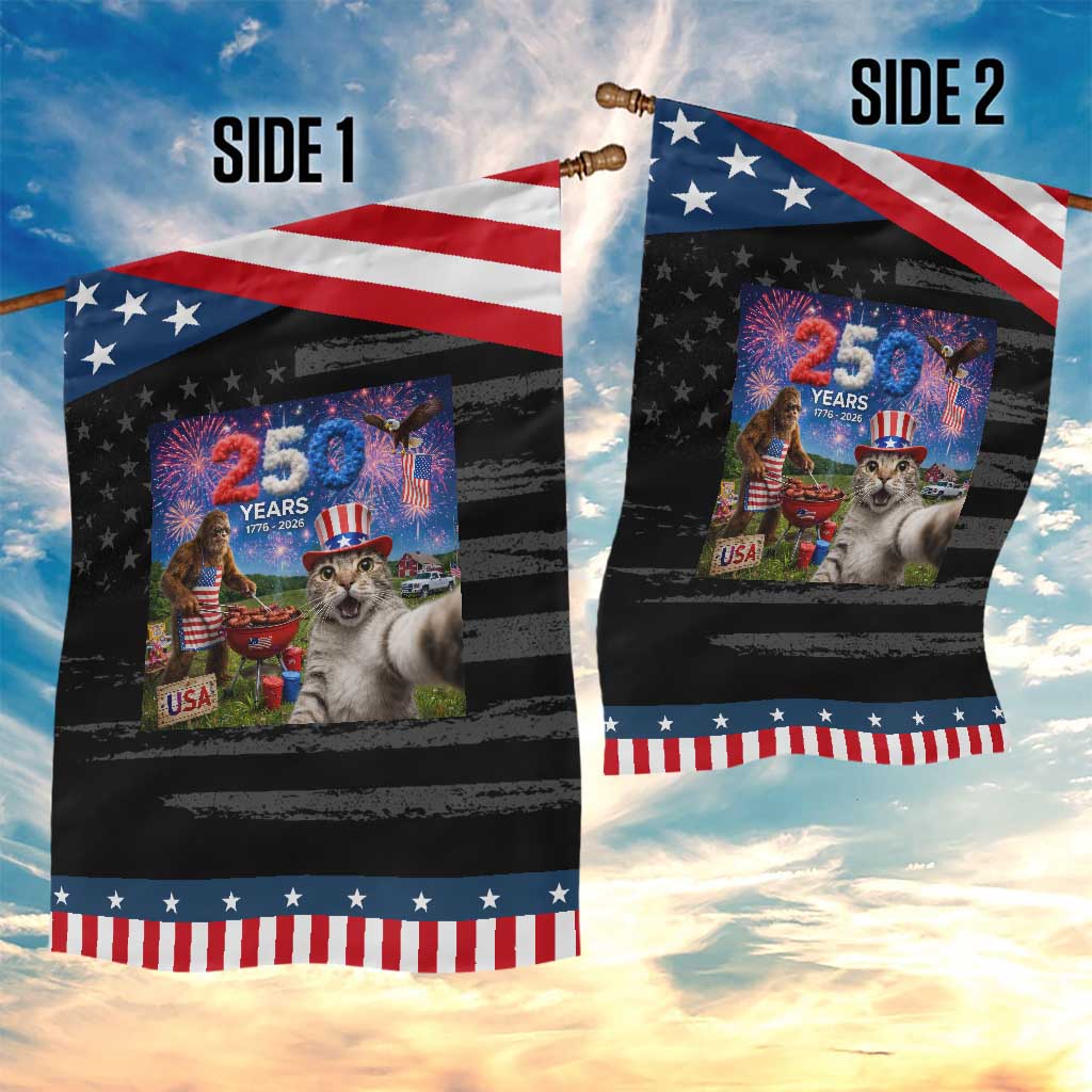 Cat Selfie with Bigfoot USA 250 Years Patriotic Garden Flag Funny 4th Of July Cat Graphic