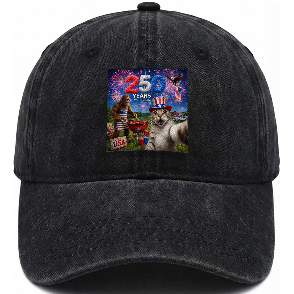 Cat Selfie with Bigfoot USA 250 Years Washed Cotton Baseball Cap Funny 4th Of July Cat Graphic