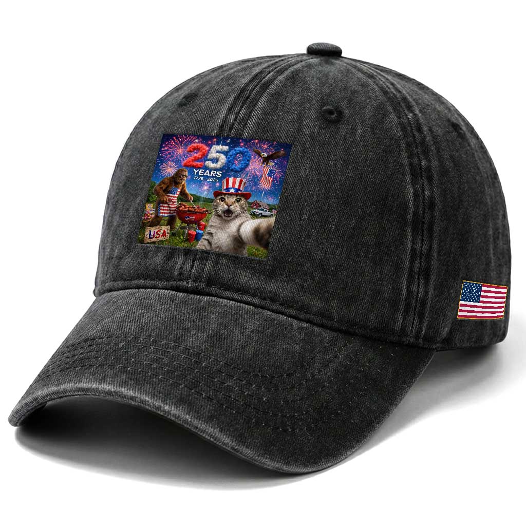 Cat Selfie with Bigfoot USA 250 Years Washed Cotton Baseball Cap Funny 4th Of July Cat Graphic