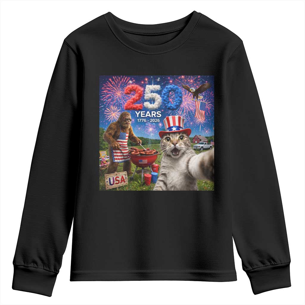Cat Selfie with Bigfoot USA 250 Years Youth Sweatshirt Funny 4th Of July Cat Graphic