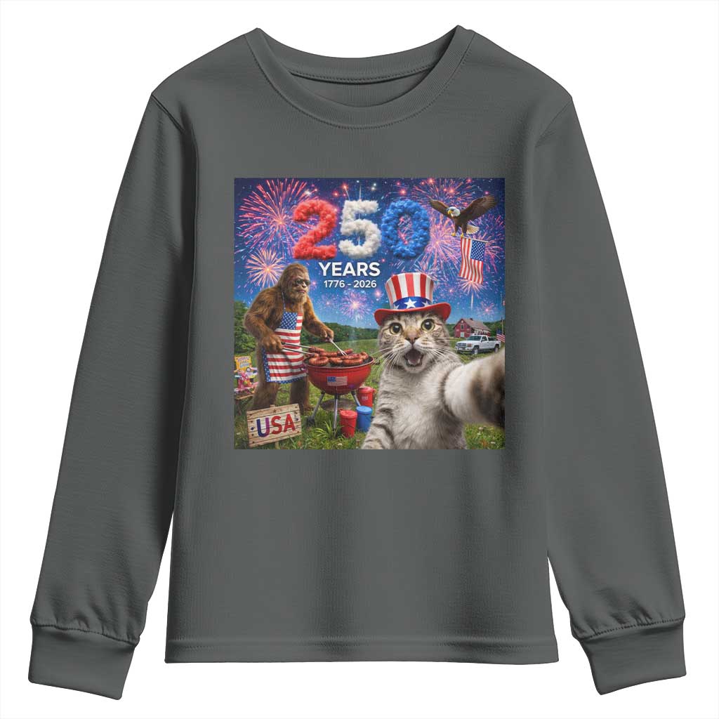 Cat Selfie with Bigfoot USA 250 Years Youth Sweatshirt Funny 4th Of July Cat Graphic