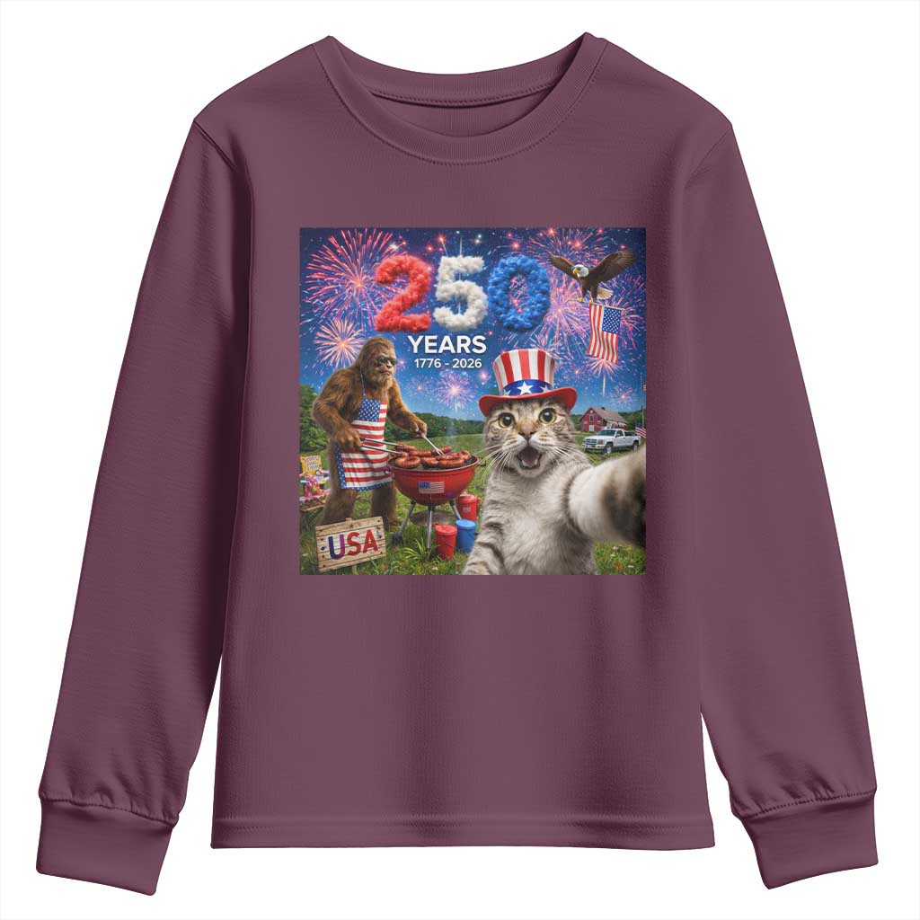 Cat Selfie with Bigfoot USA 250 Years Youth Sweatshirt Funny 4th Of July Cat Graphic