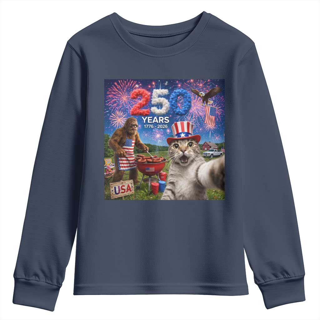 Cat Selfie with Bigfoot USA 250 Years Youth Sweatshirt Funny 4th Of July Cat Graphic