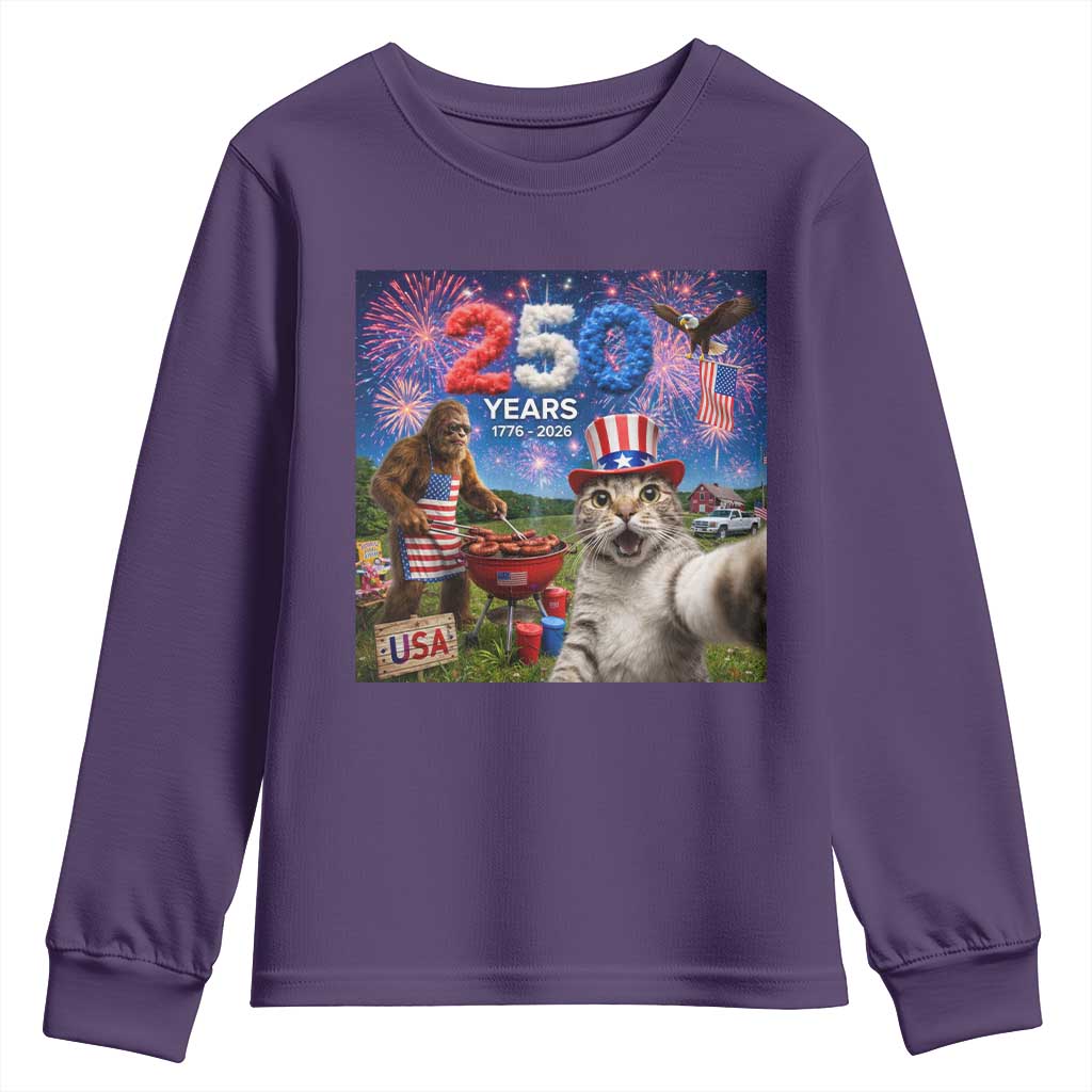 Cat Selfie with Bigfoot USA 250 Years Youth Sweatshirt Funny 4th Of July Cat Graphic