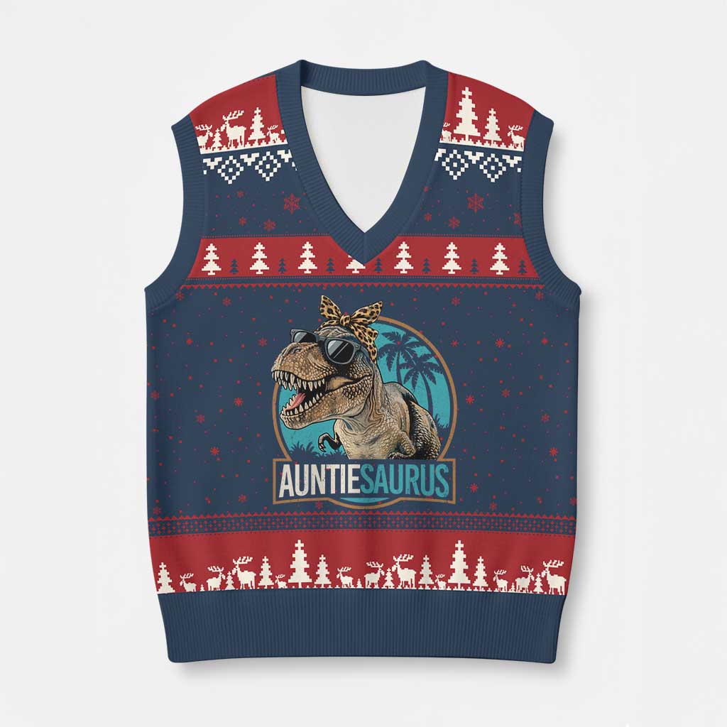 Auntiesaurus Funny Dinosaur Aunt V-Neck Knit Sweater Vest Family Matching