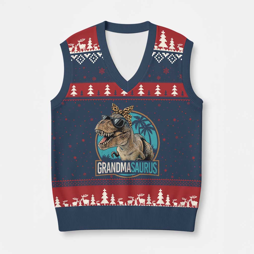 Grandmasaurus Funny Dinosaur Grandma V-Neck Knit Sweater Vest Family Matching