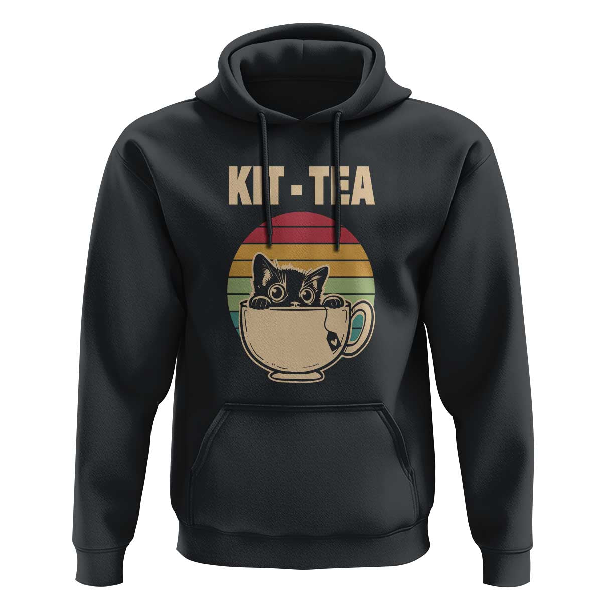 Funny Kitten Hoodie Kit Tea Pun Cute Black Cat Retro Tea Cup - Wonder Print Shop