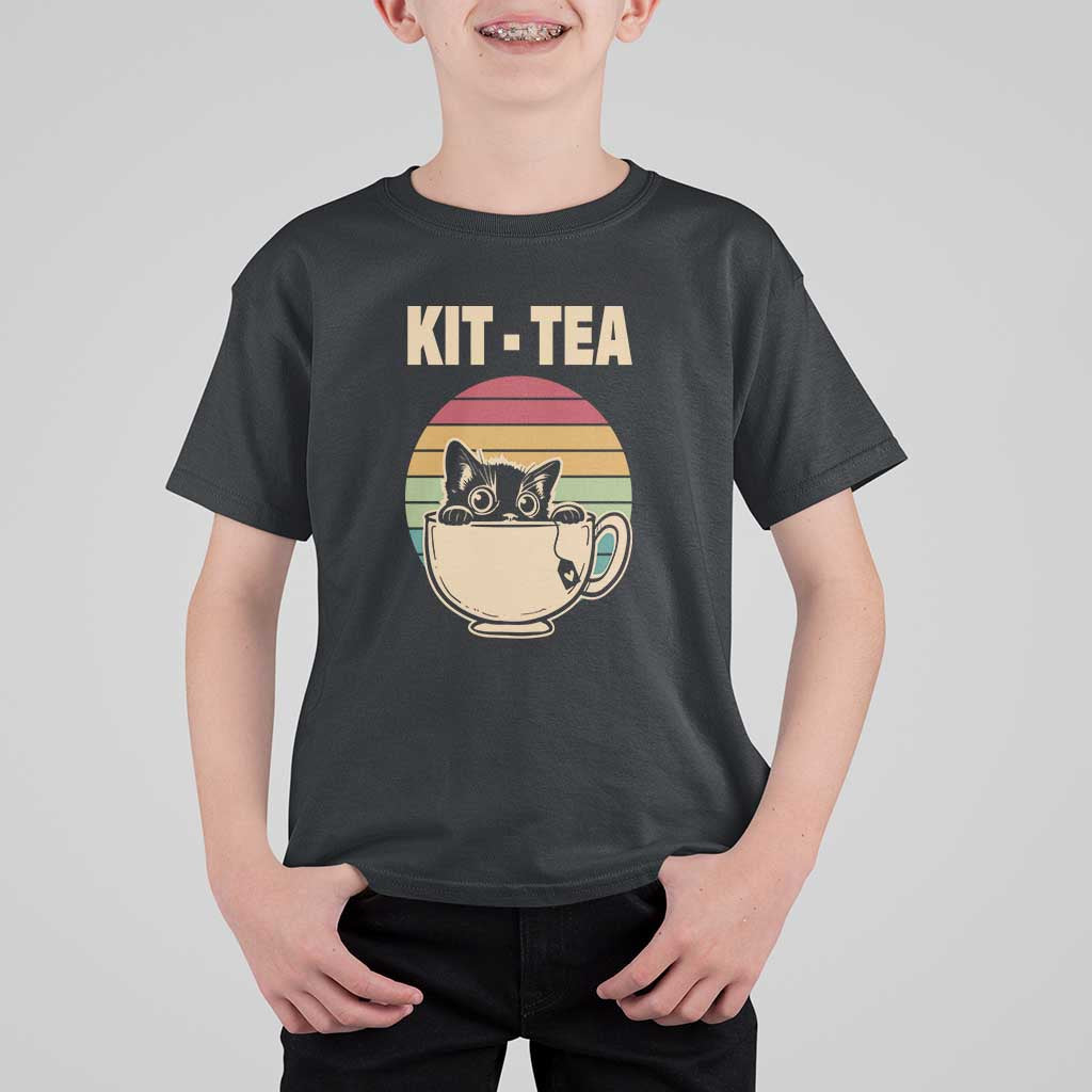 Funny Kitten T Shirt For Kid Kit Tea Pun Cute Black Cat Retro Tea Cup - Wonder Print Shop