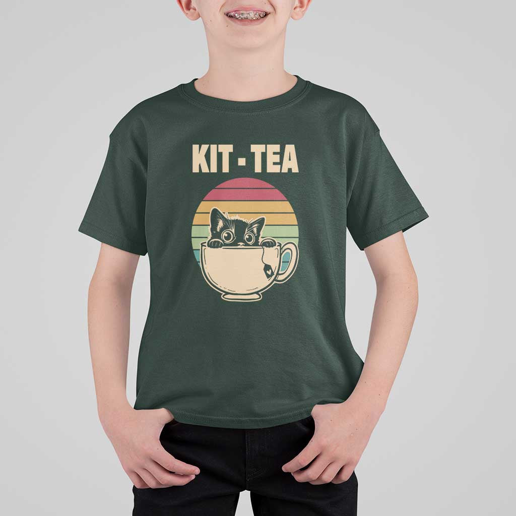 Funny Kitten T Shirt For Kid Kit Tea Pun Cute Black Cat Retro Tea Cup - Wonder Print Shop
