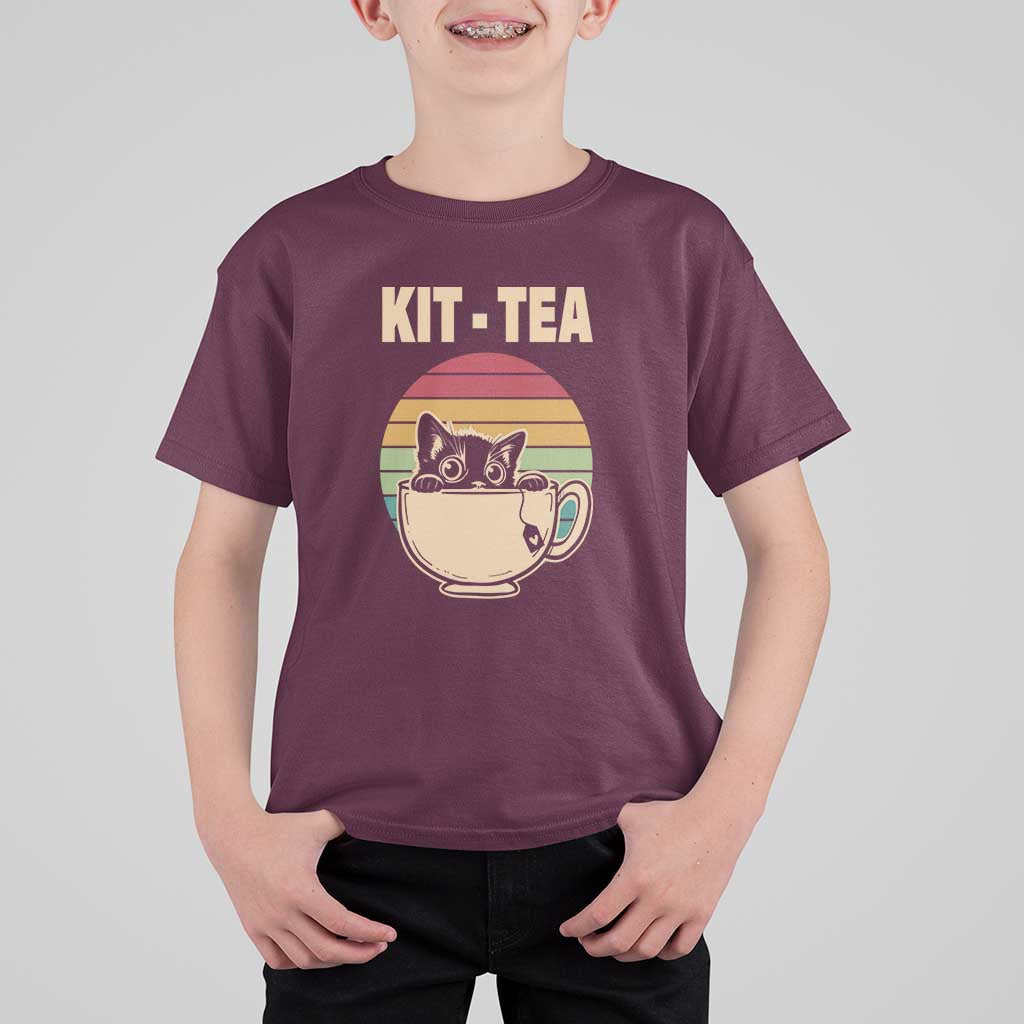 Funny Kitten T Shirt For Kid Kit Tea Pun Cute Black Cat Retro Tea Cup - Wonder Print Shop