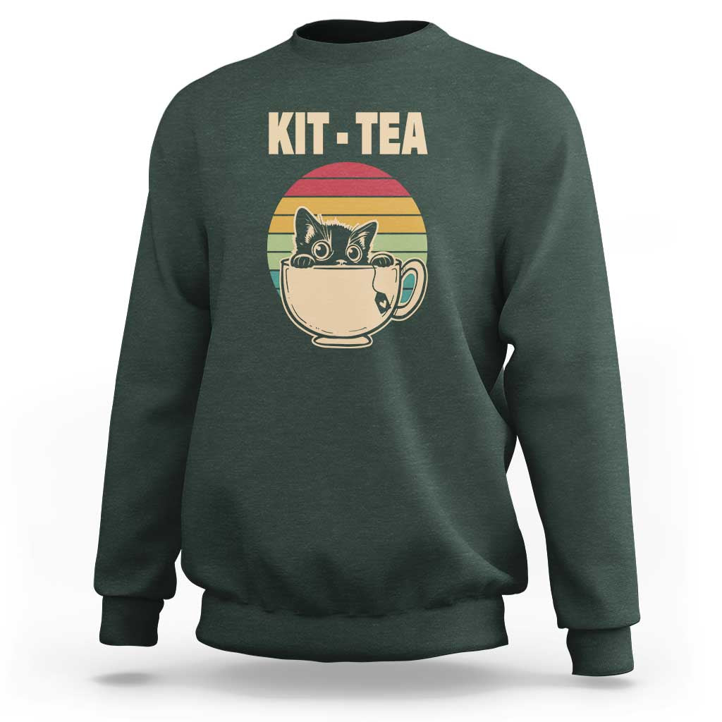 Funny Kitten Sweatshirt Kit Tea Pun Cute Black Cat Retro Tea Cup - Wonder Print Shop