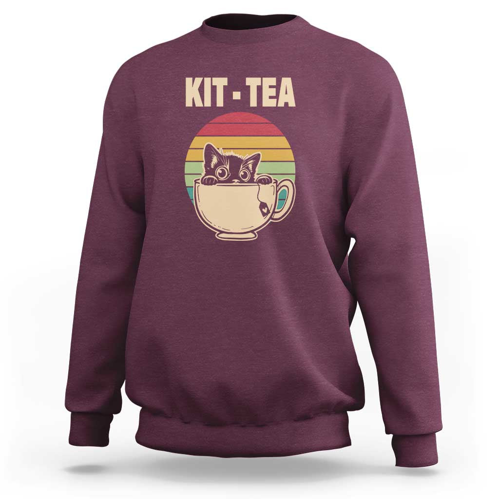Funny Kitten Sweatshirt Kit Tea Pun Cute Black Cat Retro Tea Cup - Wonder Print Shop