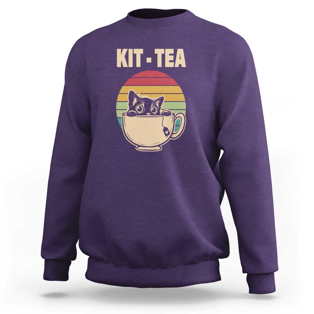 Funny Kitten Sweatshirt Kit Tea Pun Cute Black Cat Retro Tea Cup - Wonder Print Shop