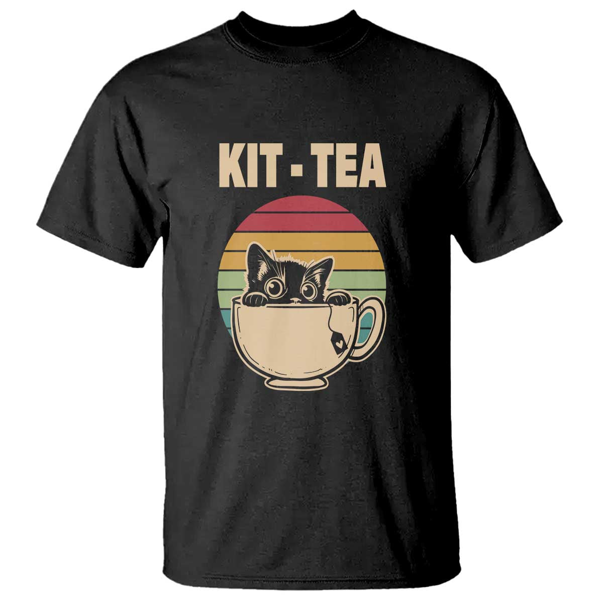 Funny Kitten T Shirt Kit Tea Pun Cute Black Cat Retro Tea Cup - Wonder Print Shop